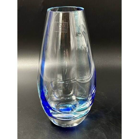 LSA International Handcrafted Mouthblown Clear Glass Vase Blue Stripes Poland - Picture 1 of 10